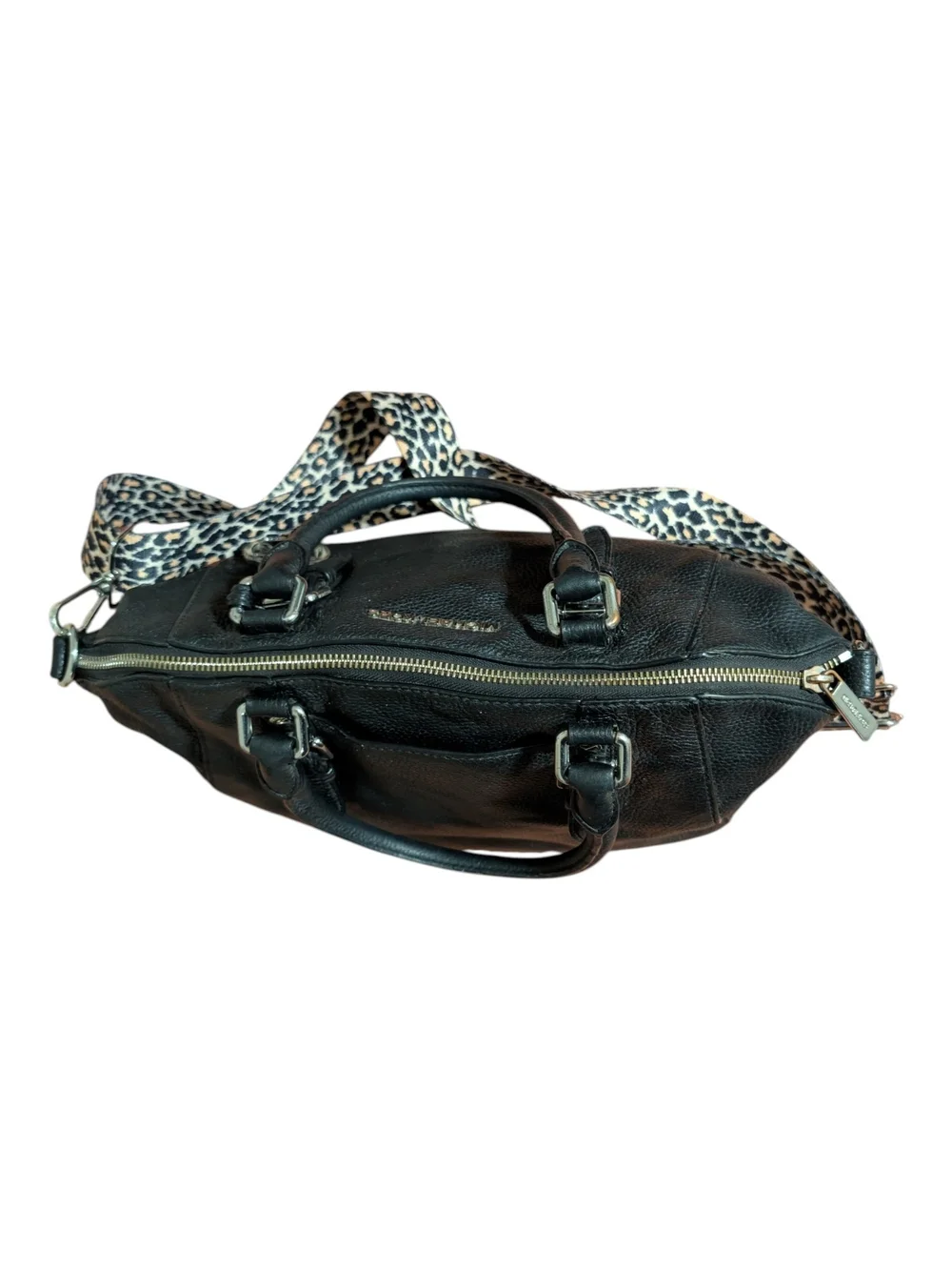 Michael Kors Black Pebbled Leather Satchel with Leopard Strap
